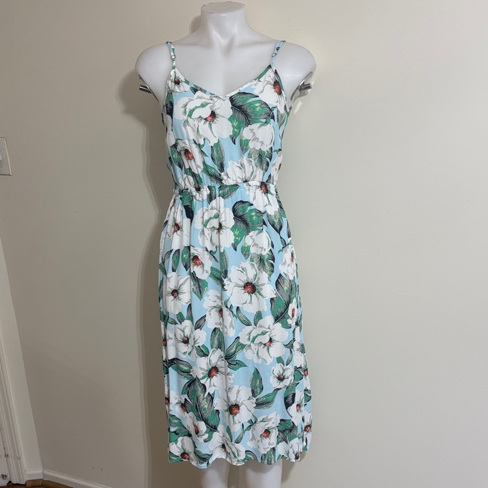 MINKPINK Aqua Floral Midi Dress with Green Leaf Print